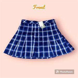 Divided pleated blue and white plaid skater skirt side zip size 10 new with tags